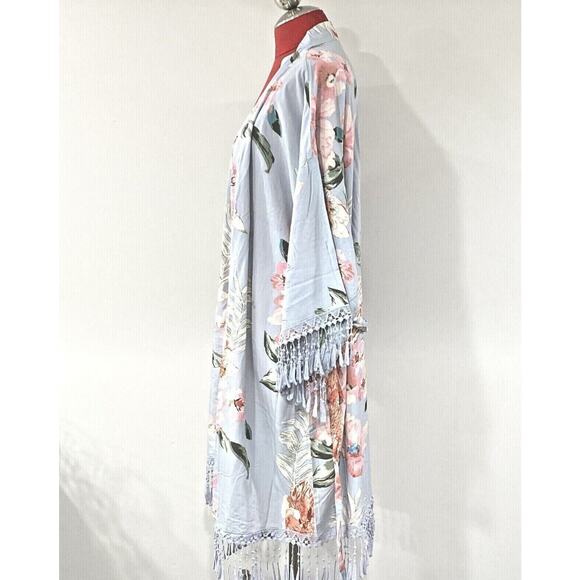 Romantic kimono wrap robe Boho blue pink floral soft cotton lace tassel trim OS - Picture 6 of 11